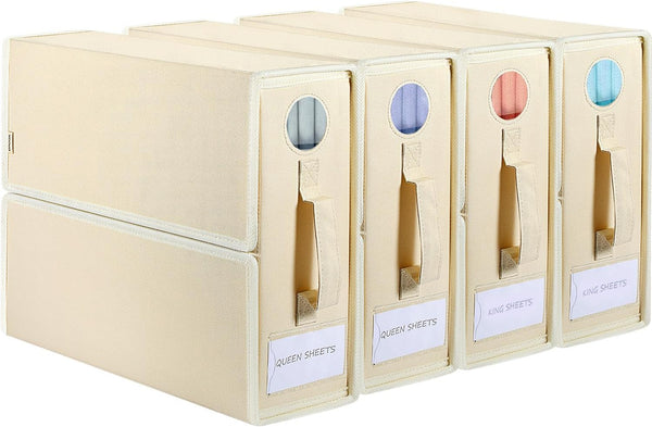 4 Pack Foldable Bed Sheet Organiser Storage, Folding Bedding Organizer Box with Clear Window and Zip for Sheets, Duvet Covers, Blankets, Pillows, Clothes and Towels(Queen & King Size), Apricot