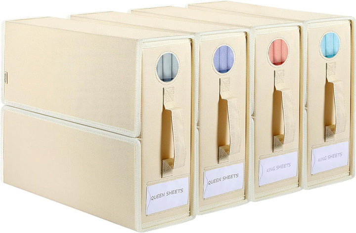 4 Pack Foldable Bed Sheet Organiser Storage, Folding Bedding Organizer Box with Clear Window and Zip for Sheets, Duvet Covers, Blankets, Pillows, Clothes and Towels(Queen & King Size), Apricot