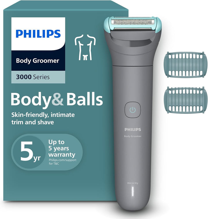 Bodygroom Series 3000 Showerproof Groin and Body Trimmer, Close and Comfortable Shave, Complete Body Grooming, 50 Min. Runtime, Model BG3017/01, Black