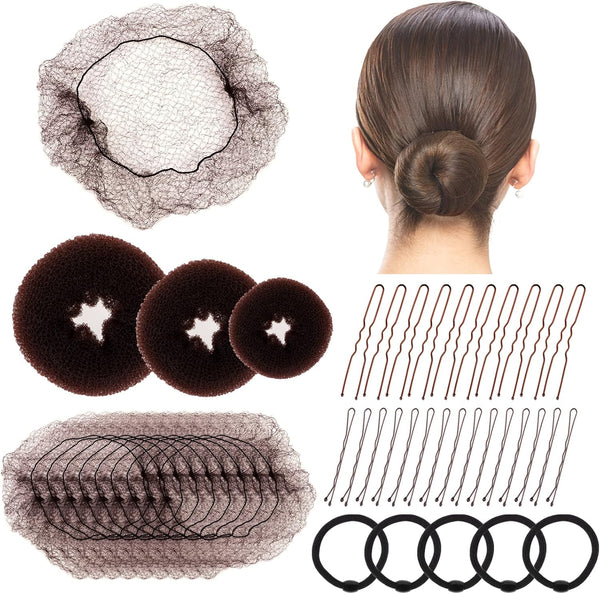 Hair Bun Net, 68PCS Easy Hair Styling Tools- Include Ballet Hair Nets, Hair Doughnut, U Shaped Hair Pins, Bobby Pins and Hair Bands, Hair Bun Maker, Brown Bun Rings for Women Girls Hair Accessories