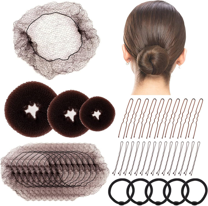 Hair Bun Net, 68PCS Easy Hair Styling Tools- Include Ballet Hair Nets, Hair Doughnut, U Shaped Hair Pins, Bobby Pins and Hair Bands, Hair Bun Maker, Brown Bun Rings for Women Girls Hair Accessories