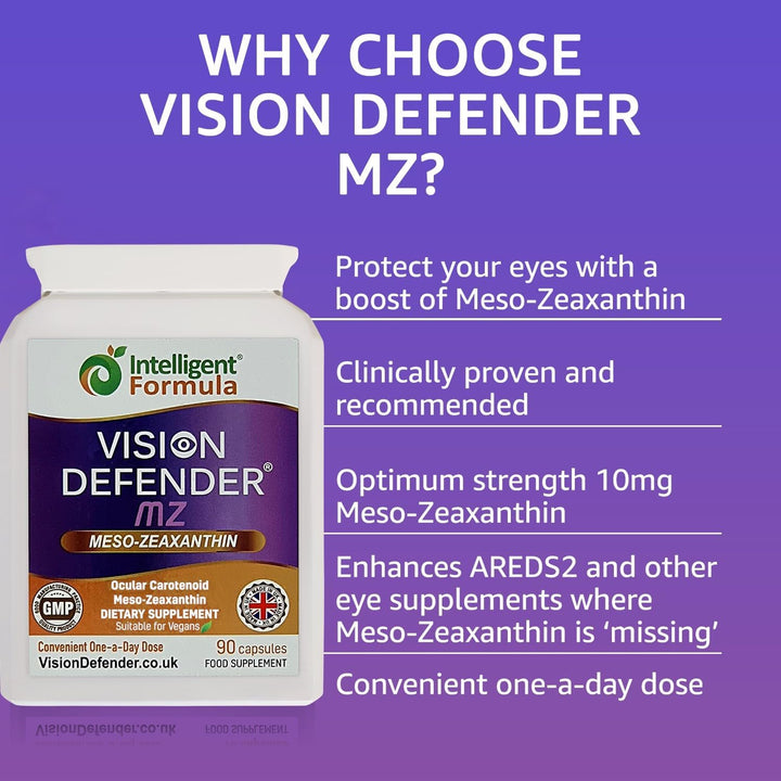 Meso Zeaxanthin Supplement - VISION DEFENDER MZ – High Strength Eye Vitamins Nutrients & Antioxidant Carotenoid for Ocular Health, Eye Care & Eyesight Support –Vegan (90 Capsules/One-A-Day) Made in UK
