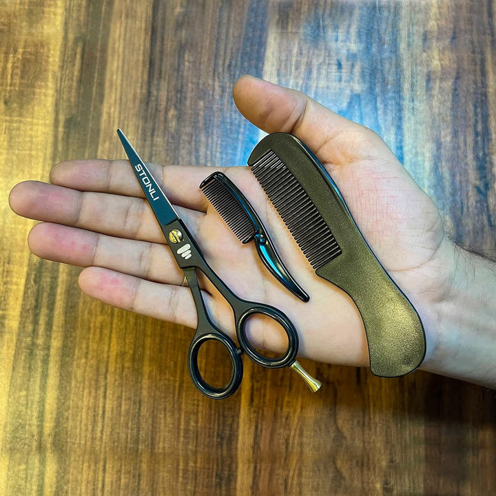 5" Beard and Moustache Scissors with Comb & Pouch - Small Hairdressing Scissors - Nose, Ear & Eyebrows Hair Scissor (Black)