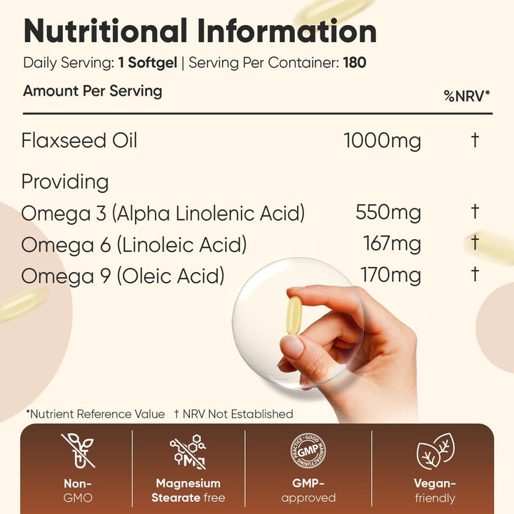 Flaxseed Oil Softgels - 180 Softgels - 1 a Day - 6 Months Supply - Cold-Pressed Omega 3 6 9 Capsules - ALA, Linoleic & Oleic Acid - Vegan, Non-Gmo & Gluten-Free - Linseed Oil Supplement