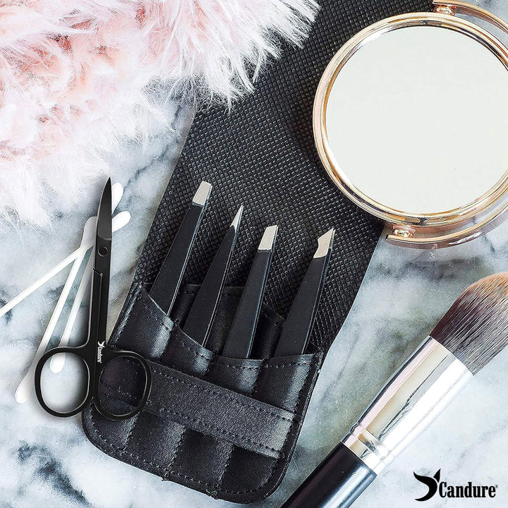 Tweezers for Facial Hair Women & Men - Eyebrow Tweezers Set with Scissors Stainless Steel Precision Classic, Slant, Pointed, Pointed Slant Tools for Ingrown Facial Hair 5Pcs