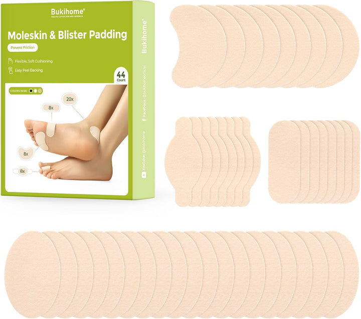 Moleskin Adhesive Pads for Feet - Blister Prevention Tape - Moleskin Padding for Blisters, Shoes, Toes, Heel, Reduce Friction Pain - 11 Sheets of 4 Shapes (22 Pieces Total, Beige)