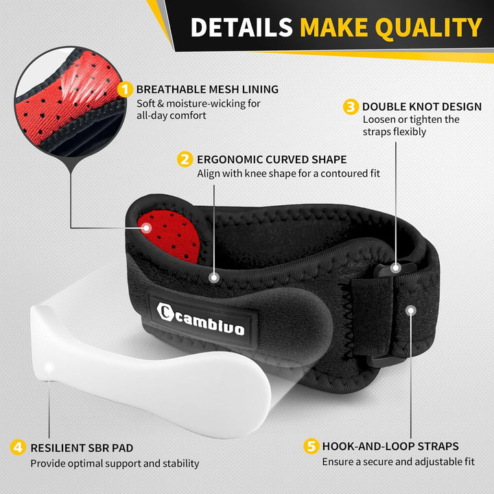 2 Pack Patella Tendon Knee Strap, Knee Support Brace for Women Men, Adjustable Band for Hiking, Soccer, Basketball, Baseball, Running, Tennis, Volleyball, Squats