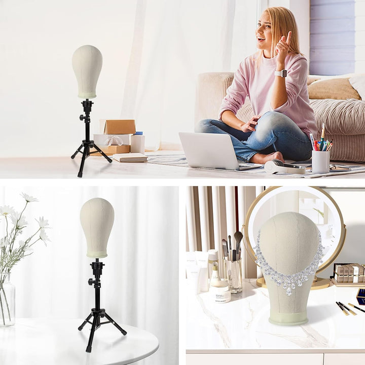 23 Inch Wig Head Stand Tripod, with Canvas Mannequin Heads for Wigs, Manikin Canvas Head Block Set for Making Display with T Pins Set Bristle Brush