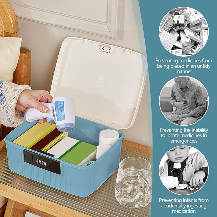 2 Layer Lockable Medicine Storage Box, 26X22X12Cm Medicine Box with Combination Lock, 9L Medicine Organizer Box with Removable Tray, Medication Storage Container for Home,School,Office(Blue)