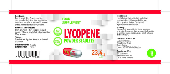 Lycopene 15Mg | 10% Beadlet | 90 Vegan Capsules | High Strength Antioxidant for Skin & Prostate Health | 3Rd Party Lab Tested