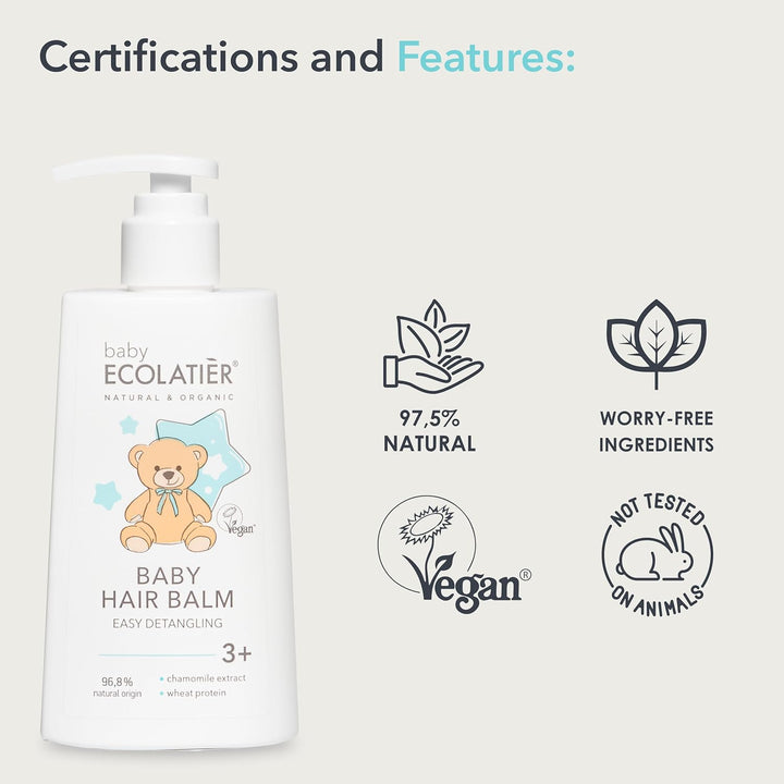 Baby Hair Balm Easy Detangling 3+ - Kids Conditioner with 96.8% Natural Ingredients, Vegan Certified, Gentle Hair Conditioner for Children and Babies, Hair Balm for Soft Hair, 250 Ml