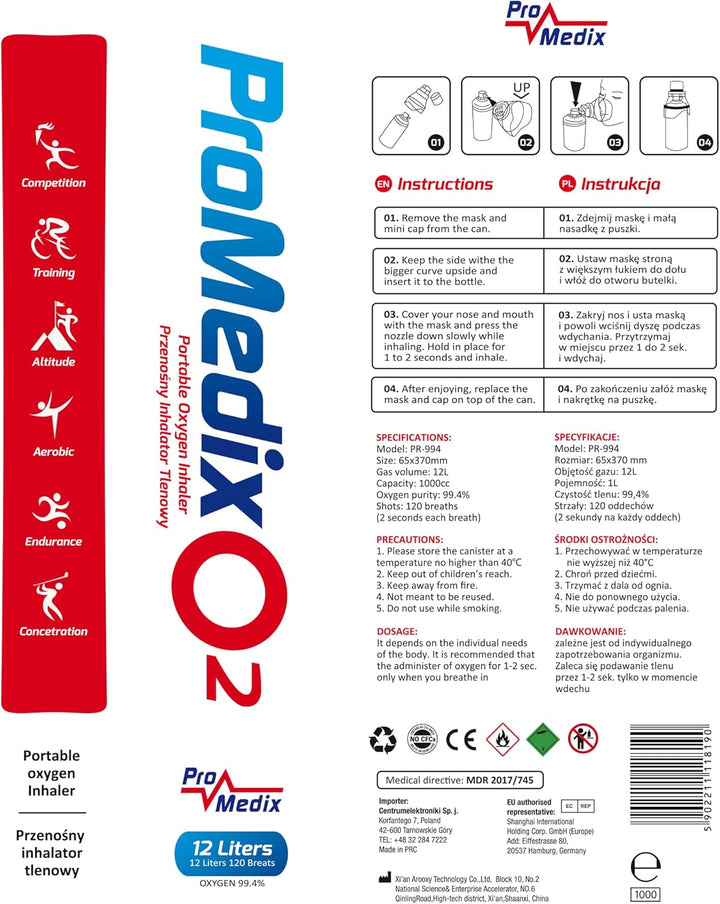 PR-994 Portable Oxygen Inhaler 12L in a Can 99.4% with Mouthpiece (Lot De 1)