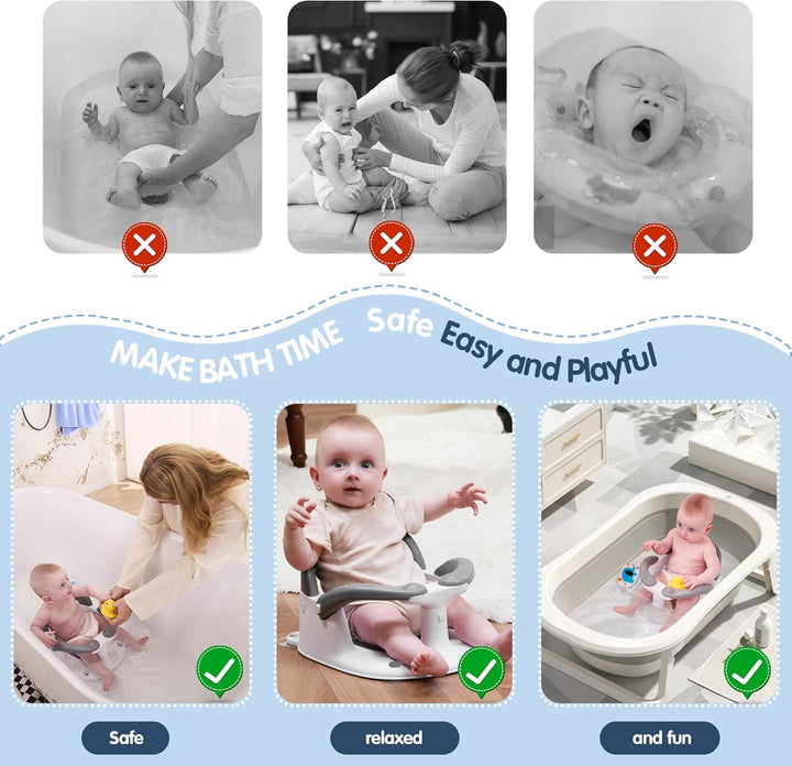 Baby Bath Seat for Babies 6 Months & up with Thermometer Sticker, One-Touch Button for Easy Armrest Opening, Baby Sit up Bath Chair (Gray)