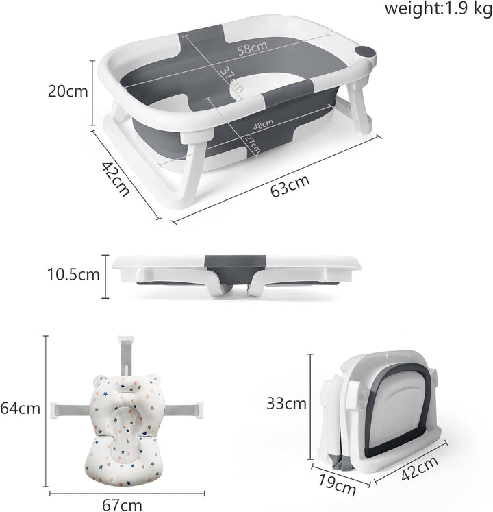 Baby Bath Foldable Tub Collapsible Bathtub Baby Bath Essentials for Newborn with Seat Support Cushion Stand Folding Baths for Toddler 0-12 Months Travel Portable Infant Tubs Soft Bathing Kids Grey