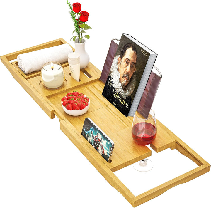 Bath Caddy Tray Expandable - Bath Trays for across the Bath - Bamboo Wooden, Fits Most Bath Tubs
