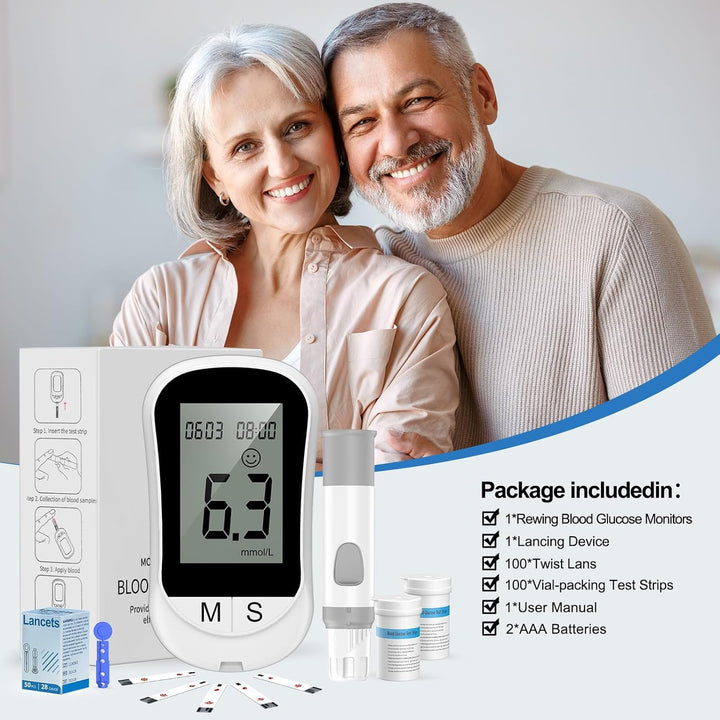 Blood Sugar Monitor Blood Sugar Test Kit with 100 Test Strips & 100 Lancets, No Coding Diabetes Testing Kit 250 Memory 5 Seconds Accurate for Diabetics Home Self-Testing-In Mmol/L
