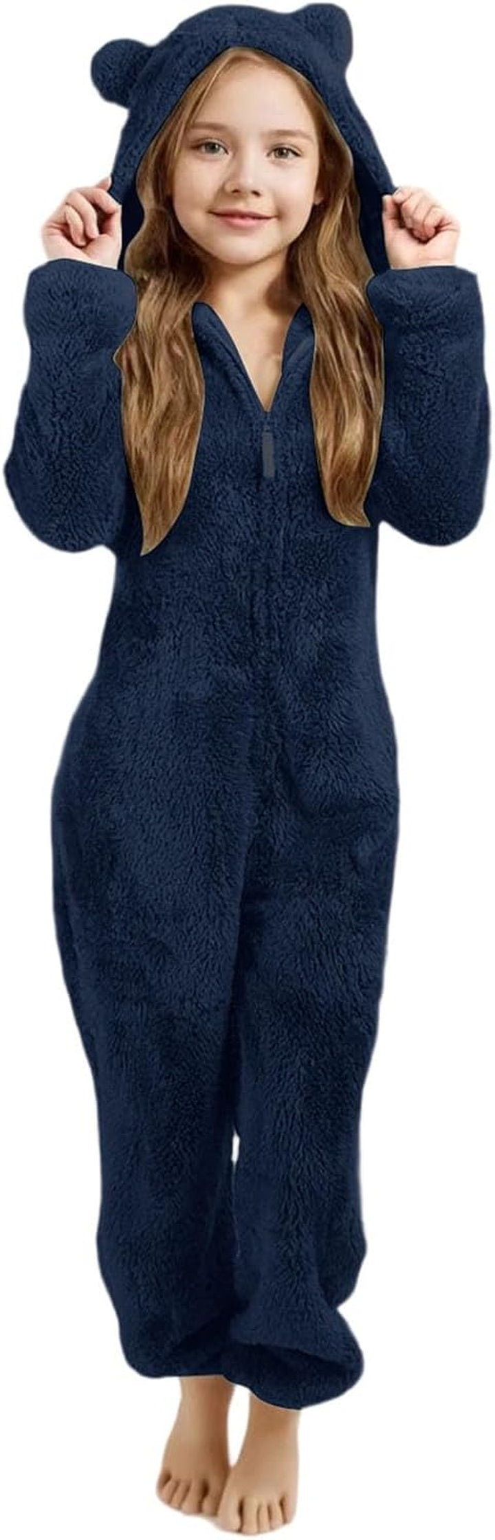 Girls Fleece Hooded Romper Jumpsuit with Ears Soft Warm Winter Pajamas Play Costume for Toddler Kids