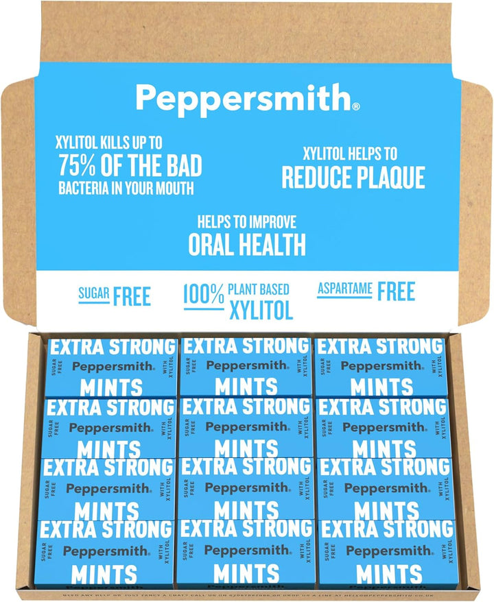 - British Peppermint Mints - 100% Plant Based Xylitol - Breath Freshener - Sugar Free Mints - Benefits Oral Health - Pocket Packs - 12X15G