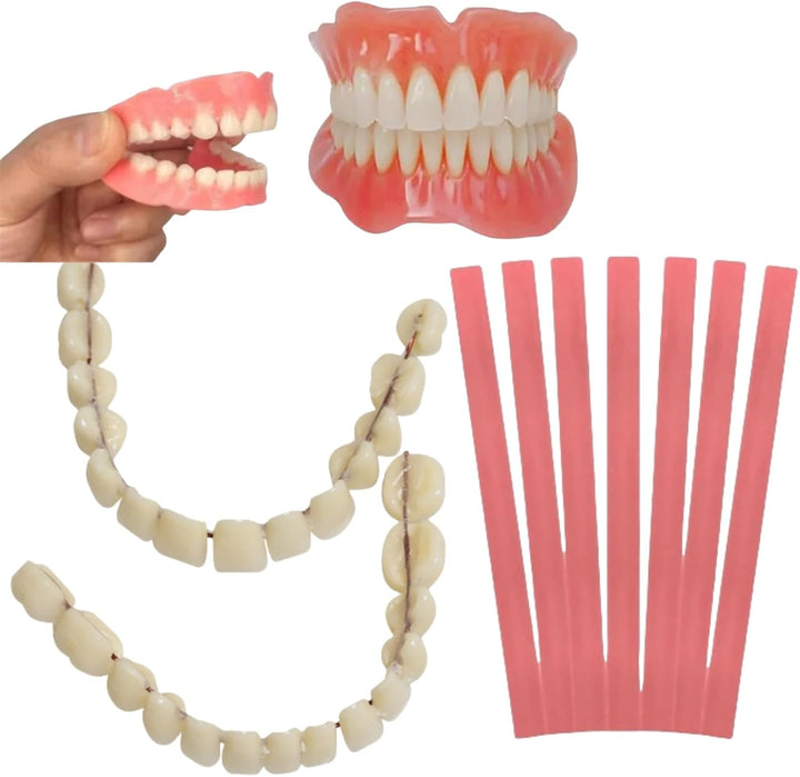 1 Pair of Denture Repair Kit,False Teeth Set,Clip in Veneers Teeth,Soft Denture Reline Kit,Denture Kit for Repair Missing Teeth,Dentures False Teeth Set for Adults,Comes with 7 Red Wax Sheets