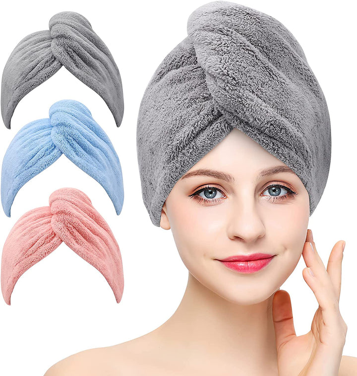 3 Pack Microfiber Hair Drying Towel Wrap Super Absorbent Twist Turban Fast Dry Hair Caps with Buttons Bath Loop Fasten Salon Dry Hair Hat (Gray Pink Blue)