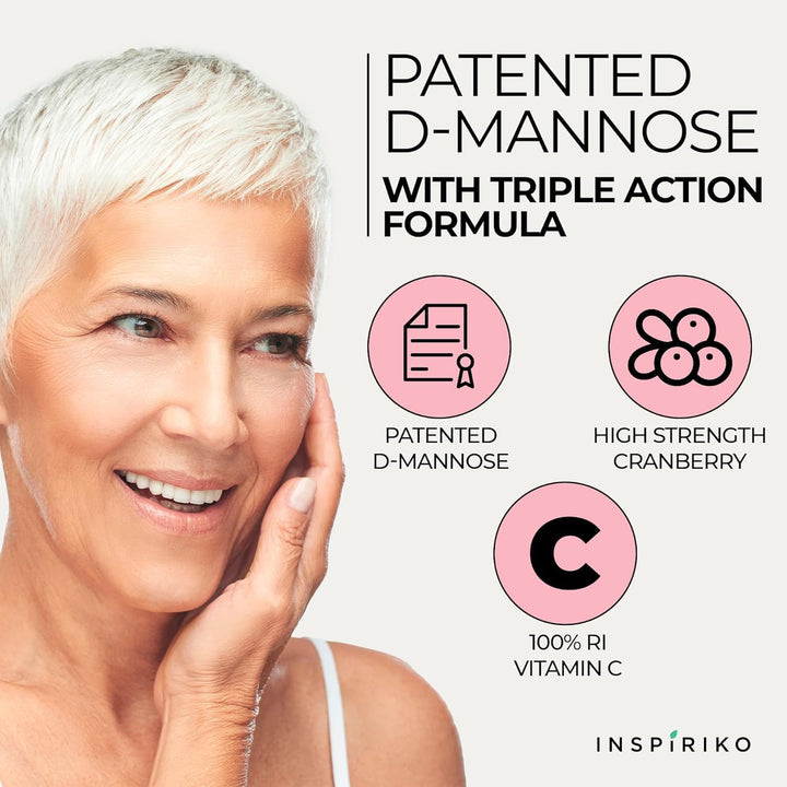 D Mannose 1000Mg Tablets Complex - 3-In-1 D-Mannose Capsules with High-Strength Cranberry Extract & Vitamin C. 60 Capsules. Made in UK