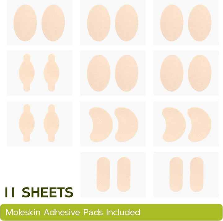 Moleskin Adhesive Pads for Feet - Blister Prevention Tape - Moleskin Padding for Blisters, Shoes, Toes, Heel, Reduce Friction Pain - 11 Sheets of 4 Shapes (22 Pieces Total, Beige)