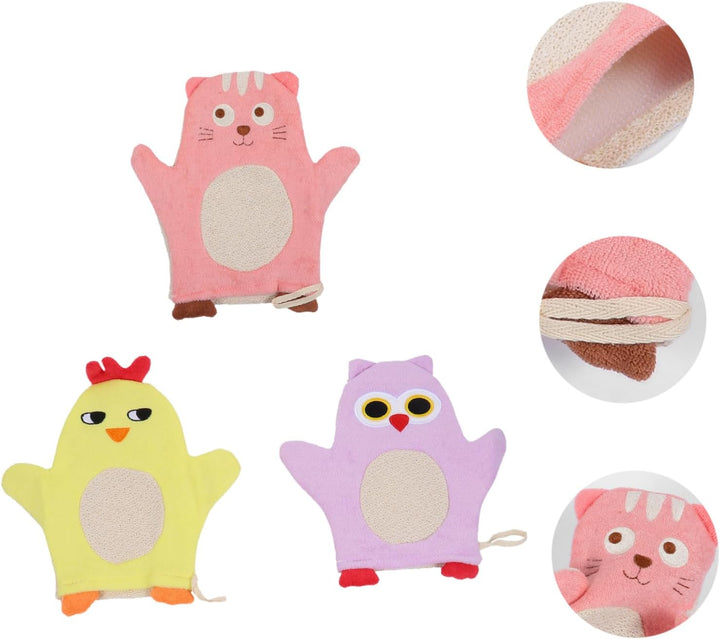 3Pcs Bathing Mitt Cartoon Cotton Shower Washcloths Bath Scrubber Soft for Fun Bath Essentials