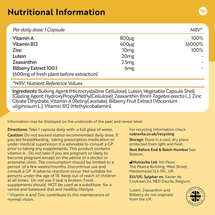 Lutein Natural Eye Supplement – 90 Vegan Capsules - Zeaxanthin, Bilberry Extract, Vitamins A, B12 & Zinc – for Maintenance of Normal Vision – Made in the UK