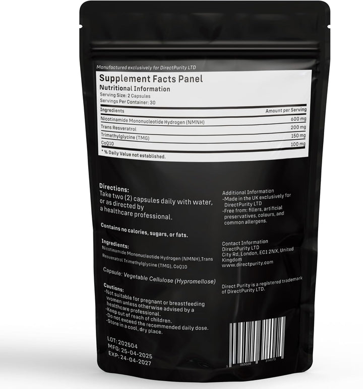 NMNH Supplement 600 Mg, with Trans Resveratrol, Coq10 and TMG, NMNH and Resveratrol Supplements Support Cellular Health and Healthy Aging. Boost Vitality and Combat Aging.