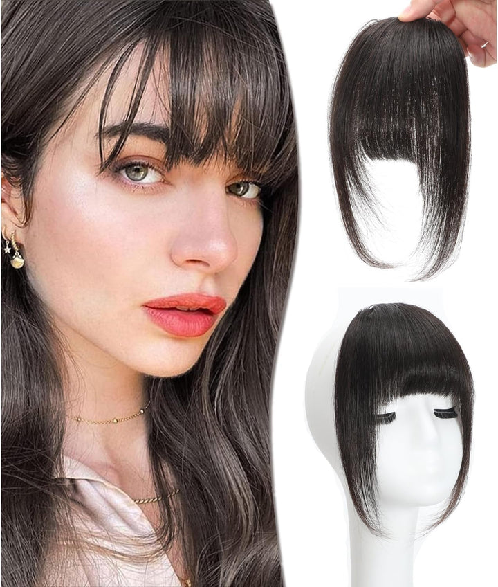 Clip in Fringe - Bangs Hair Clip in Bangs 100% Real Human Hair Extensions Clip on Air Bangs for Women Fringe with Temples Hairpieces Curved Bangs (Dark Brown, French Bangs)