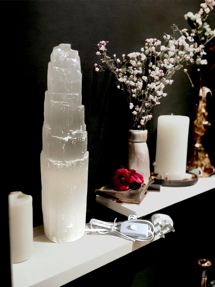 Selenite Crystal Lamp Handmade Natural White Selenite Tower Lamp Spiritual Healing Cleanse and Recharge Crystals Table Lamp Meditation Mineral Decoration Gift (30 Cm)