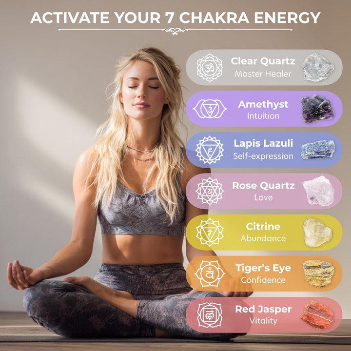 Premium 7 Chakra Healing Crystals Set for Energy Alignment - Large Raw Amethyst, Rose Quartz, Citrine, Lapis Lazuli, Clear Quartz, Tigers Eye & Red Jasper - Wooden Gift Box & Guidebook Included