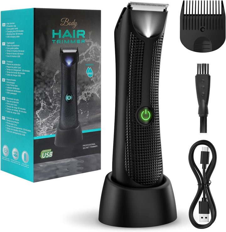 Pubic & Body Hair Trimmer for Men, Body Groomer, Electric Groin Hair Trimmer with Ceramic Blade Head, Wet/Dry Shaver with LED Light and Charging Base（Black）