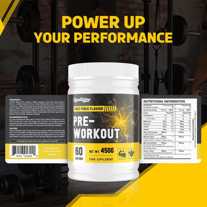 Pre Workout Powder – Energy, Focus & Endurance – with Citrulline, Bcaas, Caffeine & Ashwagandha – Fruit Punch Flavour – Performance Supplement for Workout Enthusiasts (60 Servings (Pack of 1))