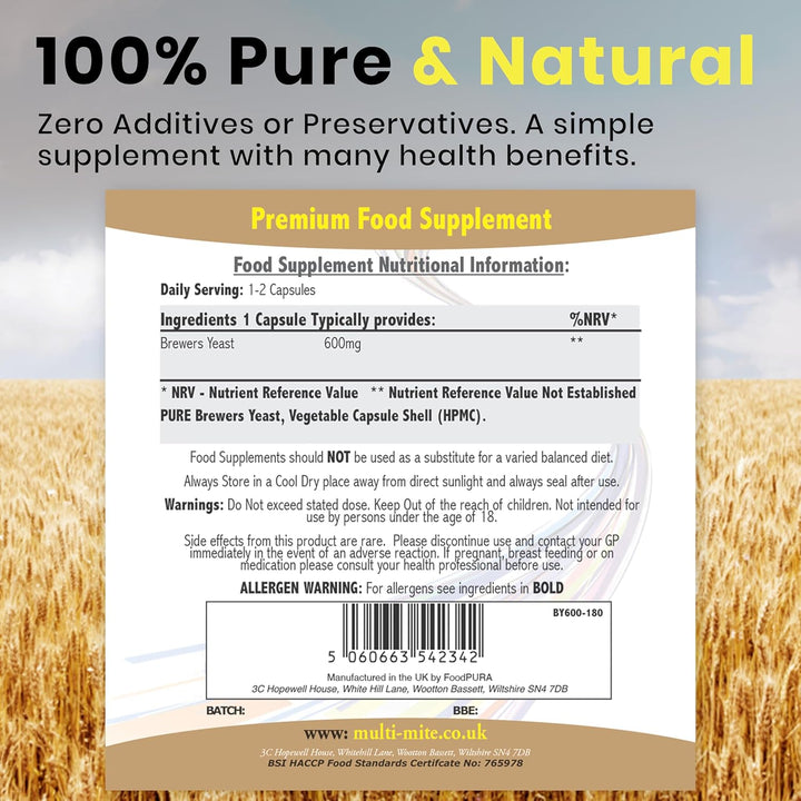 90 X 600Mg Brewers Yeast Capsules 100% Pure & Natural Not Debittered HACCP Certified Manufactured in the UK (90)