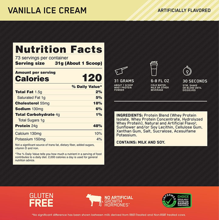 100 Percent Vanilla Ice Cream Whey Gold Standard Supplements, 5 Lbs, 2.27 Kg