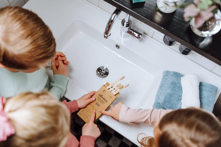 Organic Bamboo Toothbrushes for Kids - Soft Bristles, Fun Animal Designs | Biodegradable & Eco Friendly | Wooden Handle Toothbrushes | Zero Waste Packaging - 4 Pack