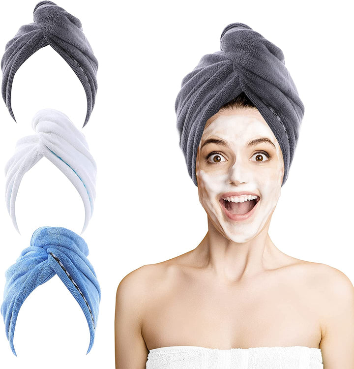 Microfibre Hair Towel Wrap, 3 Pack Hair Turban Towel 65X25 Cm, Soft and anti Frizz Head Towel, Super Absorbent Quick Drying Curly Hair Towel for Women Girl Wet Long Thick Hair