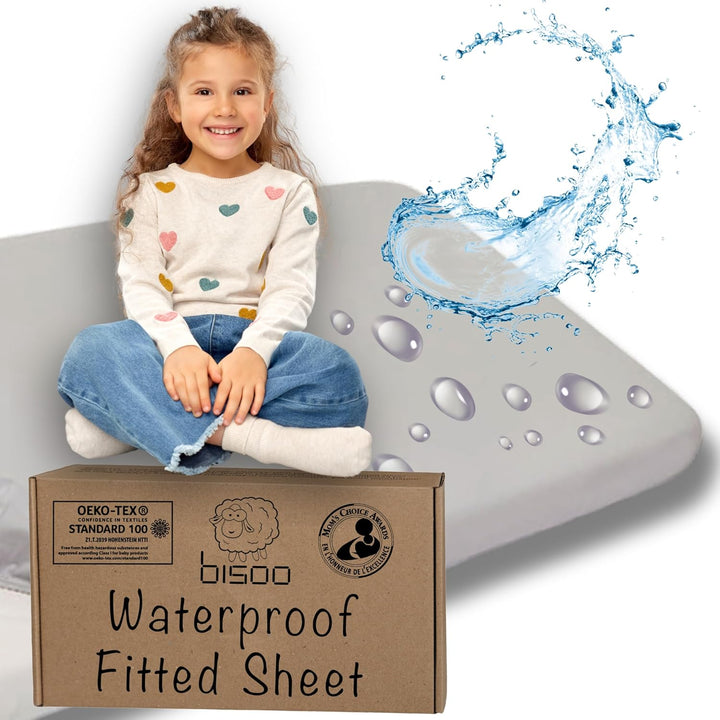 Toddler Bed Waterproof Fitted Sheet 130 X 80 / 32X52-2In1 Fitted Sheet Mattress Protector Made of 100% Jersey Oeko-Tex + PU for Junior Cot Bed - Soft & Silent - White