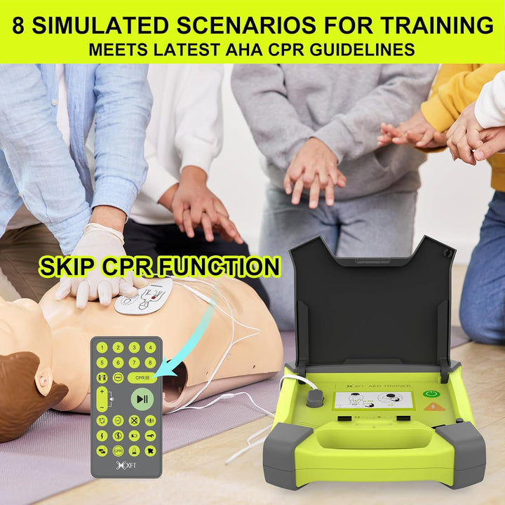 AED Trainer, Rechargeable Defibrillator Trainer with Remote Control, CPR Training Defibrillator Simulator, 8 Scenarios, 4 Prompts Voice - English, French, Italian, Chinese, -120GA AED Trainer