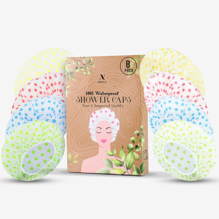 Nimxy Pack of 4 Shower Cap, Reusable Shower Caps for Women & Men - Waterproof with Elastic Band & Soft Lining (Dotted)