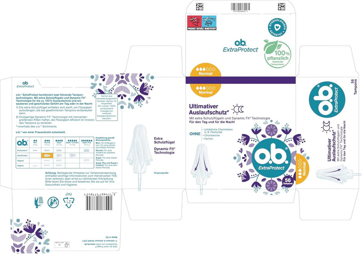 Extraprotect Normal (Pack of 56), Tampons for Medium/Stronger Days, Dynamic Fit Technology & Extra Protective Wings for up to 100% Leakage Protection during the Period