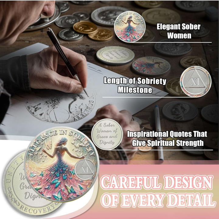 Elegant 11 Year Sobriety Coin, Butterfly Metamorphosis AA Coin - Sister Power Sober Chip for Eleven Year Addiction Recovery, Clean Living Sobriety Gift for Women