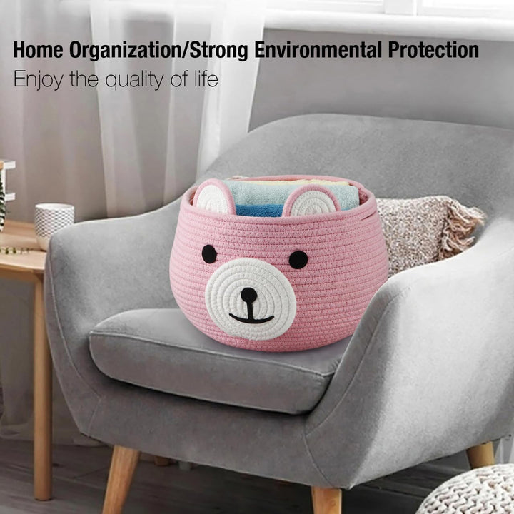 Cotton Rope Baby Basket, Baby Gift Basket Nursery Laundry Organizer with Cute Bear Design for Storage Infant Newborn Essentials, Diaper Caddy with Handle (Pink)
