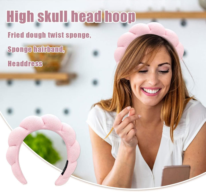 Puffy Makeup Headband Spa Headbands for Women Sponge & Terry Towel Cloth Fabric Cute Skincare Headband for Face Washing, Makeup Removal, Shower, Facial Mask (Pink)