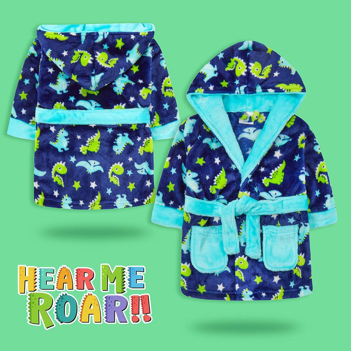 Baby Boys Dino Dressing Gown Hooded Bathrobe Kimono Robe Dinosaur Print Size 6-24 Months