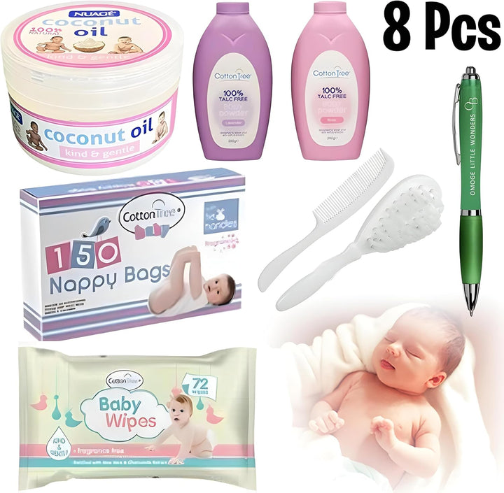 Demotologist Tested Baby Essentials – 100% Natural Coconut Oil, Baby Wipes, Baby Oil, Nappy Bags, Comb & Brush Set + Omoge Pen | Newborn Skincare | Gentle & Mild for Delicate Skin