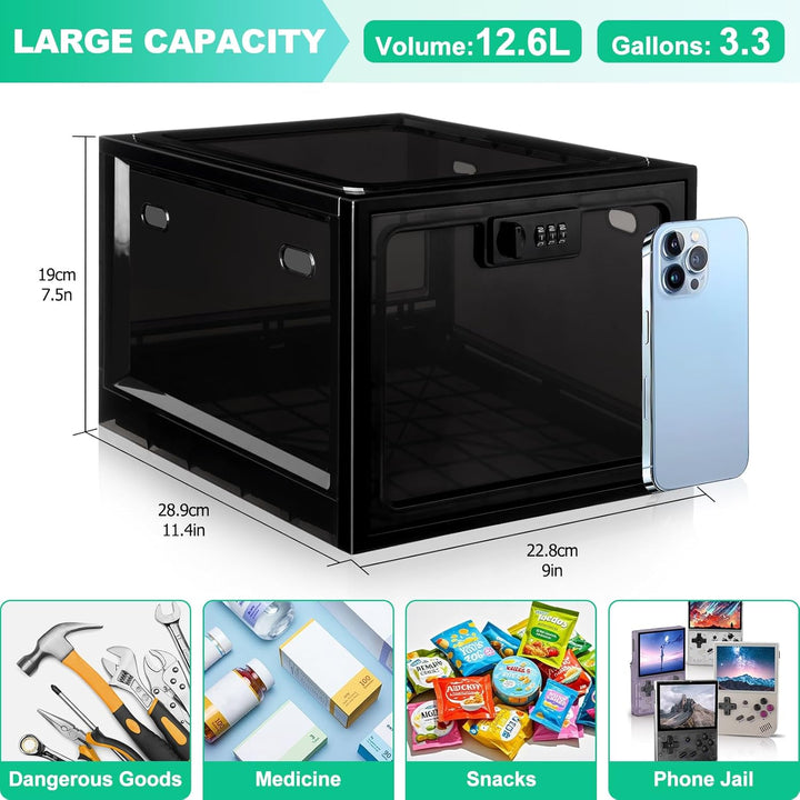 Lockable Medicine Box with Code, 12.6L Large Lockable Storage Box for Medication, Snacks, Phone, and Electronics - Bpa-Free, Clear Design with Charger Holes for Home, Office, Dorm, and Fridge