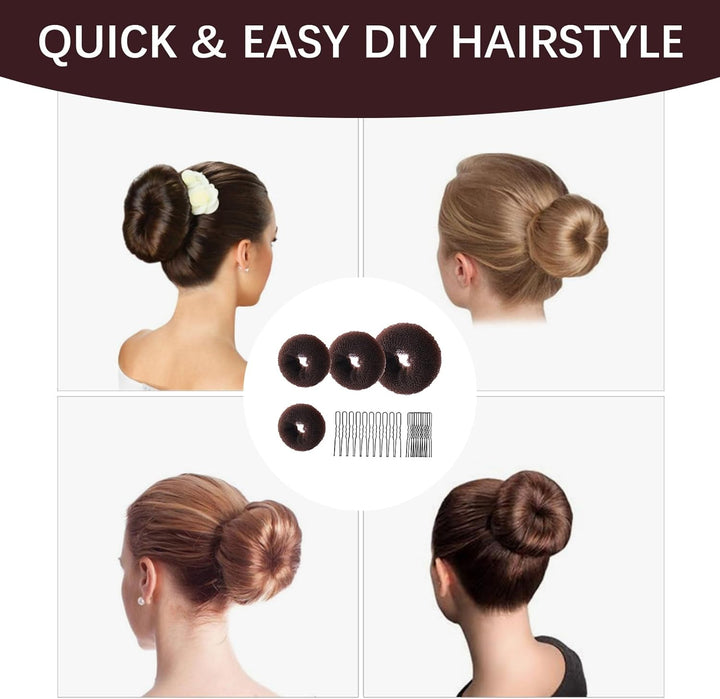 4 Pcs Ring Style Donut Bun Shaper, Hair Donut Bun Maker Set with 20 Hairpins, Hair Bundonuts, Hair Donuts Brown for Girls Kids Women DIY Chignon Hairstyles (Brown,4 Sizes)