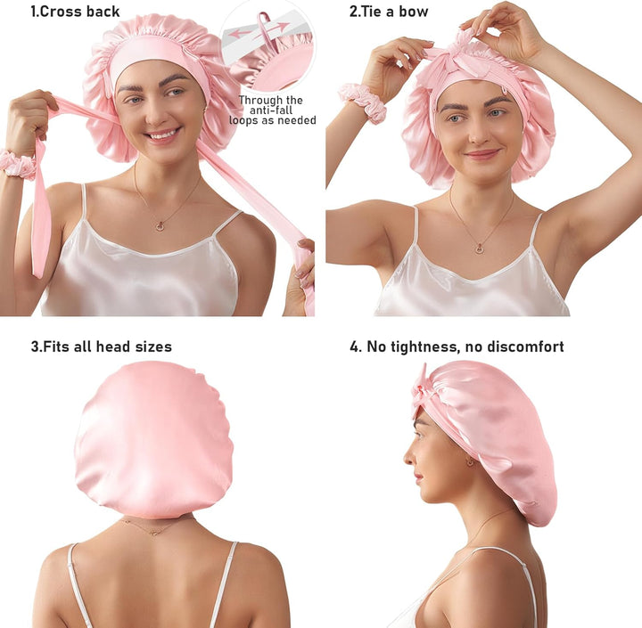 100% Mulberry Silk Bonnet for Sleeping Women, 22 Momme Double-Layered Grade-6A Silk Hair Bonnet for Sleeping, Hair Cap for Sleeping with Tie Band on Head, Includes Scrunchie(Pink)